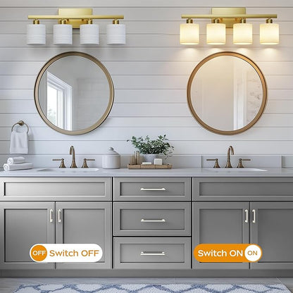 PARTPHONER Bathroom Light Fixtures, Bathroom Lighting Fixtures Over Mirror, Interior Classic Vanity Lights, Modern Vanity Light with Textured White Glass Shade, Brushed Gold, 4-Light