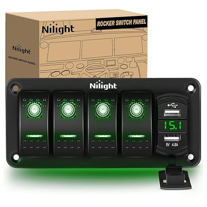 Nilight 4 Gang Rocker Switch Panel Green Backlit with 4.8 Amp Dual USB Charger Voltmeter Waterproof 12V 24V DC Night Glow Stickers for Car Trucks Boats RVs