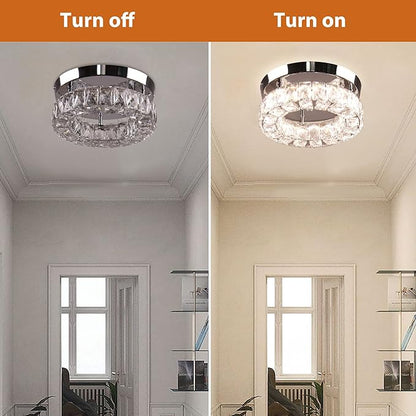 Dimmable Modern Crystal Chandeliers Round LED Ceiling Light with Remote Flush Mount Small Chandelier for Hallway Foyer Kitchen,Stair,Closet,3 Colors Adjustable,Memory Function