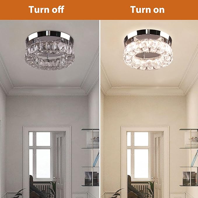 9.8" Small Crystal Chandeliers LED Round Crystal Ceiling Light Flush Mount Light Fixture for Foyer Entryway Crystal Hallway Light Bedroom, 3 Colors Adjustable
