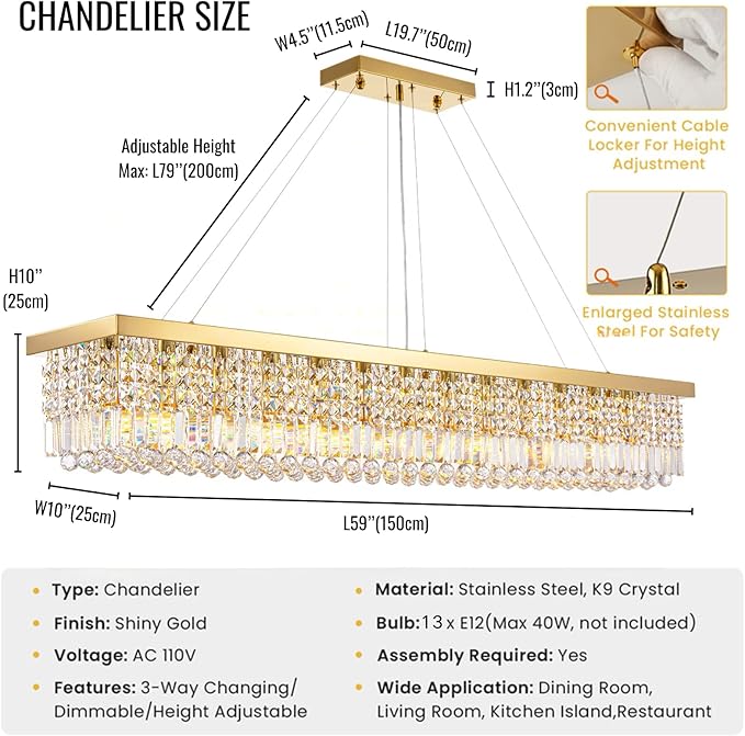 Siljoy Rectangular Gold Crystal Chandelier, 13-Light Modern Rectangle K9 Crystal Raindrop Chandelier, Luxury Dimmable Crystal Ceiling Light for Dining Room Living Room Kitchen Island L59''