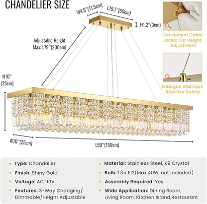 Siljoy Rectangular Gold Crystal Chandelier, 13-Light Modern Rectangle K9 Crystal Raindrop Chandelier, Luxury Dimmable Crystal Ceiling Light for Dining Room Living Room Kitchen Island L59''