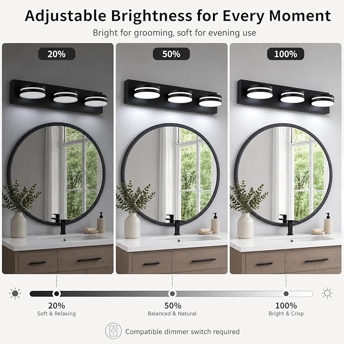 3-Light Bathroom Vanity Light Over Mirror, (24inch Dimmable) Matte Black LED Vanity Lighting Fixtures, Modern Bathroom Wall Light Fixtures with 360°Rotating Lamp Head (Cool White 5500K)