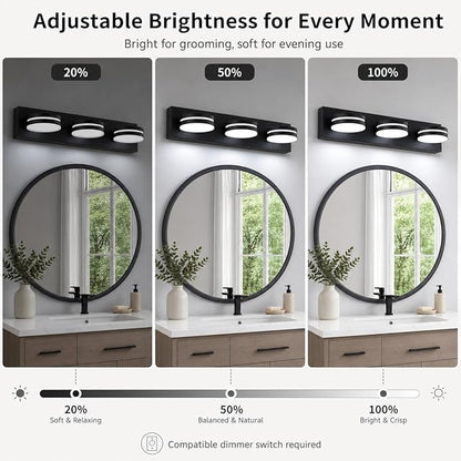 3-Light Bathroom Vanity Light Over Mirror, (24inch Dimmable) Matte Black LED Vanity Lighting Fixtures, Modern Bathroom Wall Light Fixtures with 360°Rotating Lamp Head (Cool White 5500K)