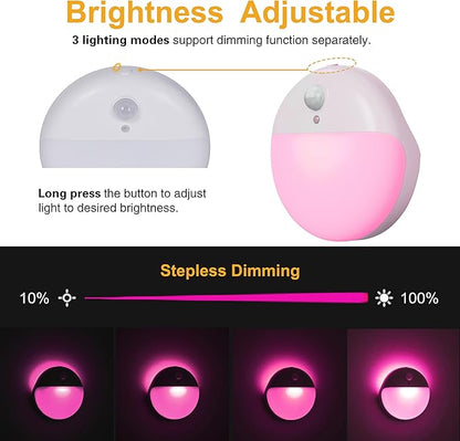 YUNLEX 2 Pack Pink Battery Night Light, Motion Activated Night Light, 2.6" Small Sticky Lights, 3 Light Modes, Dimmable Soft Glow for Bedroom, Nursery, Baby, Kids, Sleep, Soothing Fear of The Dark
