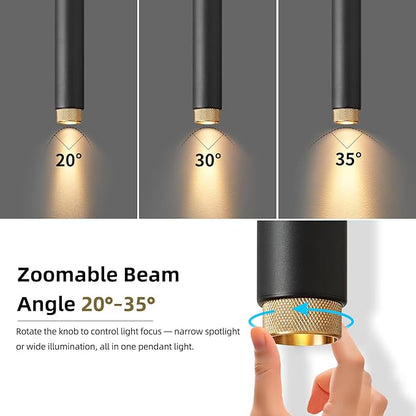 OKELI Modern Black LED Pendant Light for Kitchen Island, 3 Pack – Dimmable Zoomable Pendant, Adjustable Beam Angle, 3 Color Temps 2700K/4000K/6000K, Mini Hanging Light for Bar or Bedroom, 7W 15"