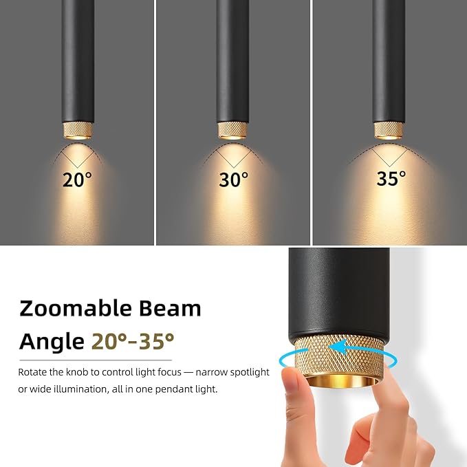 OKELI Modern Black LED Pendant Light for Kitchen Island, 1 Pack – Dimmable Zoomable Pendant, Adjustable Beam Angle, 3 Color Temps 2700K/4000K/6000K, Mini Hanging Light for Bar or Bedroom, 7W 15"