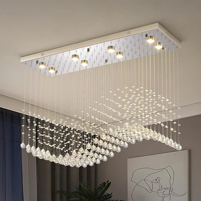 Modern Silver Crystal Raindrop Chandelier: 31.5" Rectangle Dimmable Lighting with Remote - Contemporary Chrome Wave Ceiling Light for Kitchen Dining Room Living Room Staircase Foyer Entryway Bedroom