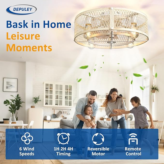 Depuley Flush Mount Ceiling Fan: 20" Caged Ceiling Fans with Lights and Remote Control for Kitchen Bedroom Farmhouse - Rustic Low Profile Ceiling Fandelier Lights Reversible 6 Speed Timer Cement