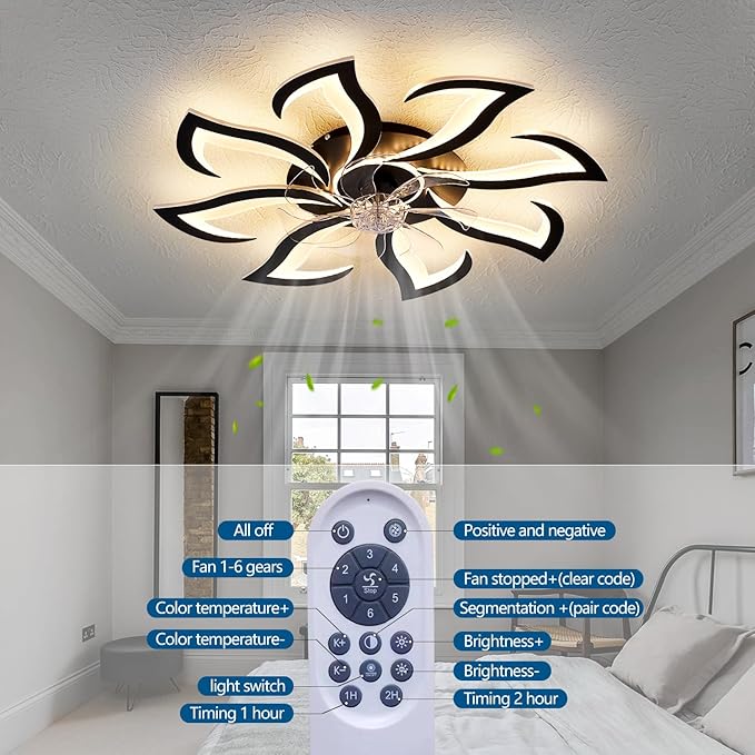 32" Black 8-Head Geometric Ceiling Fan with Lights Remote Control, Low Profile Ceiling Fan with Light for Kitchen Bedroom Living Room
