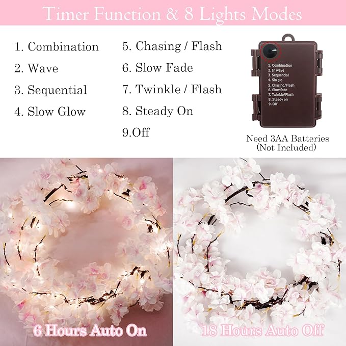 obbsie 6FT Lighted Cherry Blossom Garland with 100 Fairy Lights Timer Battery Operated Artificial Cherry Blossom Flower Vines with Lights for Mantle Home Fireplace Wedding Party Office Decor