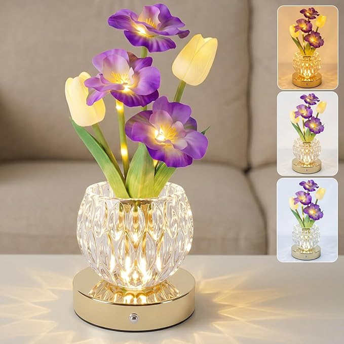 Flower Table Lamp, 3 Colors Tulip Night Light, Cordless Touch Dimming Flower with Vase Lamp, LED Desktop Decorative Landscape Lights for Festival Party Home Decor (Purple-Sakura)