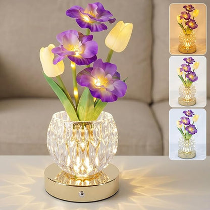 Flower Table Lamp, 3 Colors Tulip Night Light, Cordless Touch Dimming Flower with Vase Lamp, LED Desktop Decorative Landscape Lights for Festival Party Home Decor (Purple-Sakura)