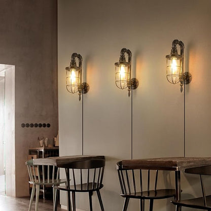 Plug in Wall Sconce Lights 14.2In Industrial Wall Lamp with UL Plug in Cord Fixtures with On Off Switch Rustic Bronze Farmhouse Mounted Lighting for Barn Loft Cafe Bar Cage Lighting with Clear Glass