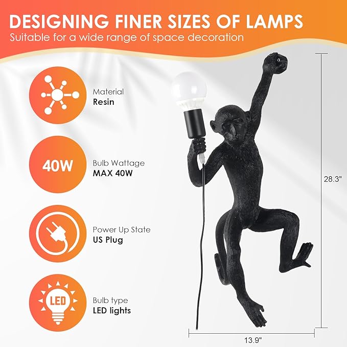 Modern Resin Monkey Wall Lamp & Pendant Light - Hemp Rope Vintage Lamp for Home Decor - Dining, Living Room, Bedroom, Entryway (Black)