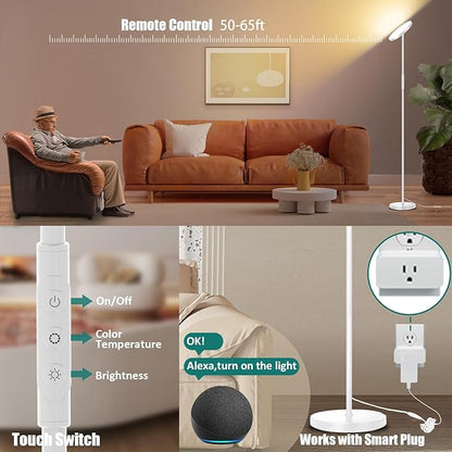 mukuxin Floor Lamp, Upgraded 40W 4000LM Super Bright Torchiere LED Floor Lamps for Living Room, Stepless Dimmable Color Temperature 2700K-6500K with Remote & Touch Control, Standing Light (40W White)