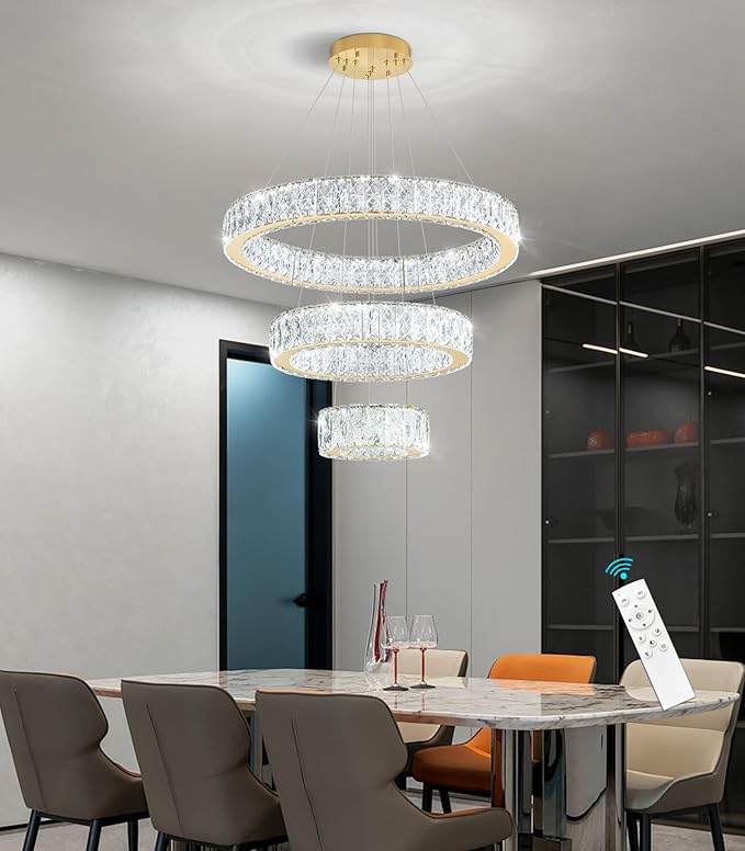 Modern Crystal Chandelier 36W Dimmable LED Ceiling Light Fixture with Remote Luxury Adjustable Pendant Light for Living Room Dining Room Gold