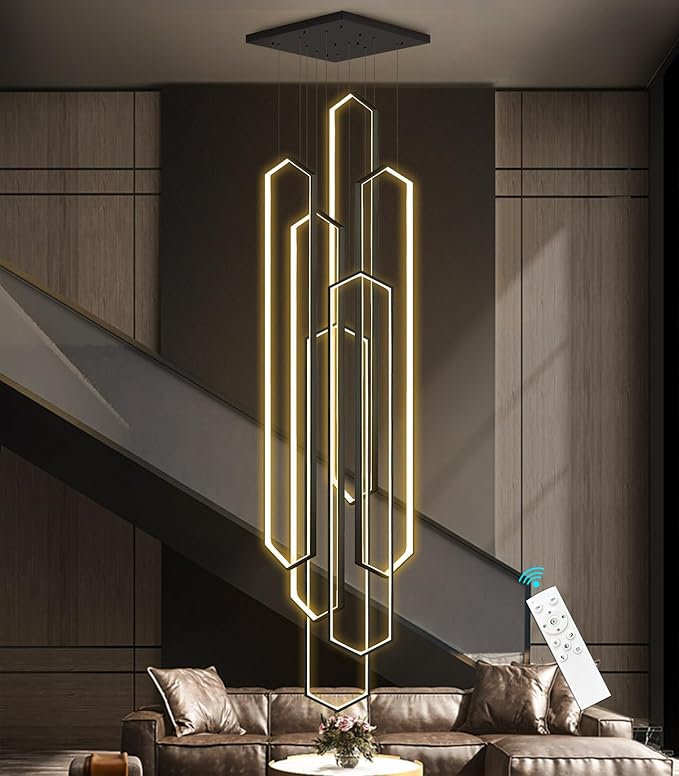 6 Rings Black Modern Long Large Chandelier Dimmable LED High Ceiling Chandelier for Living Room Foyer Staircase Enterway Hanging Light Fixture Modern Ceiling Light