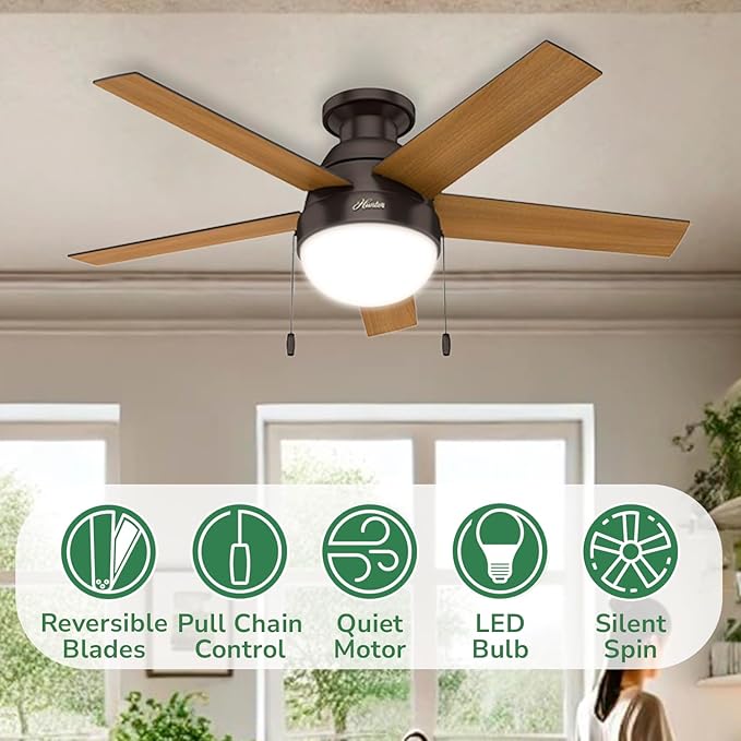 Hunter 46 inch Indoor Ceiling Fan with LED Light - Bronze Ceiling Fan with Pull Chain, For Bedroom, Living Room, or Kitchen, Low Profile Mount, No Remote, 5 Blades - Anslee 59268, Premier Bronze