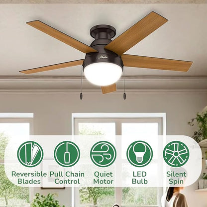 Hunter 46 inch Indoor Ceiling Fan with LED Light - Bronze Ceiling Fan with Pull Chain, For Bedroom, Living Room, or Kitchen, Low Profile Mount, No Remote, 5 Blades - Anslee 59268, Premier Bronze