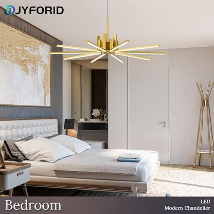 Gold Modern Sputnik Chandelier with Remote Control, 56W 3-Color Temperature Dimmable LED Chandelier for Dining Room, Hanging Adjustable Pendant Light for Living Room Kitchen Foyer Entryway