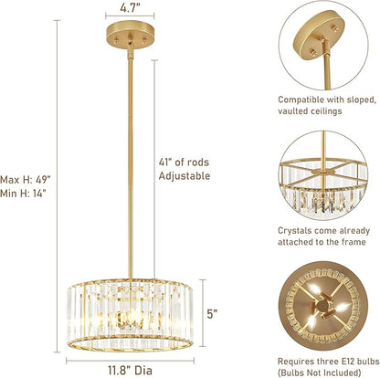 YURNYQ Gold Crystal Chandelier, Small Modern Semi Flush Mount Ceiling Chandelier Light Fixtures, Round Hanging Lighting Fixture for Kitchen Bedroom Hallway Entryway Laundry Room, 3-Light, 11.8 Inch
