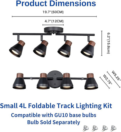 4 Light Modern Track Lighting Kit Black and Faux Wood Finish, Flexibly Adjustable Arm with Multi-Directional Ceiling Spotlight for Kitchen, Bedroom, Living Room,Ding Room Gu10 Not Included