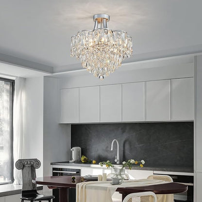 WUZUPS Crystal Chandelier Semi-Flushmount Ceiling Light Modern Lighting Fixture for Bedroom Hallway Entry Kitchen Bathroom, H 19.3" x W 18.3", E12 Base, Silver