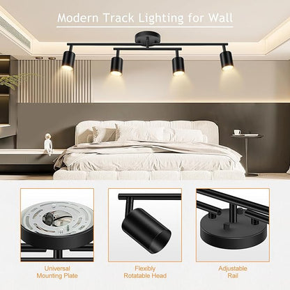 BoostArea 4 Light Track Lighting Kit, Black 4 Way Ceiling Spot Lighting, Center Swivel Track Light Heads, Flexibly Rotatable Light Head for Kitchen, Living Room, Bedroom, GU10 Bulb Not Included