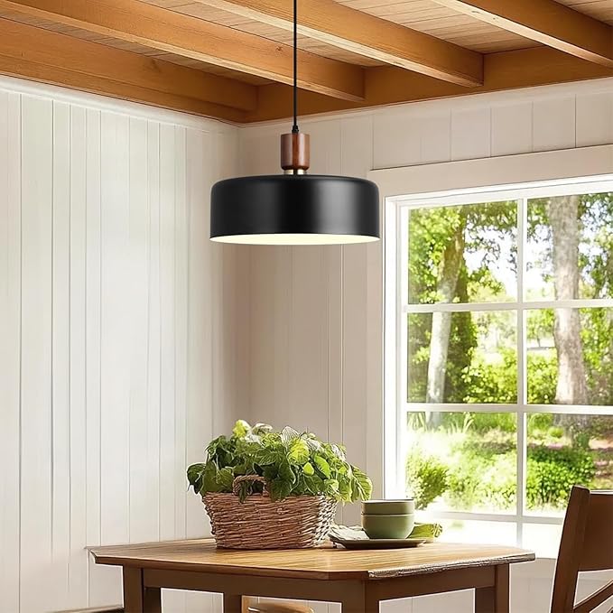 Modern Solid Wood Pendant Lights,13.8" Large Hammered Vintage Chandeliers,Black Finish Hanging Lighting Lamp,Industrial Drum Ceiling Light Fixtures for Dining Room,Kitchen Island, Farmhouse
