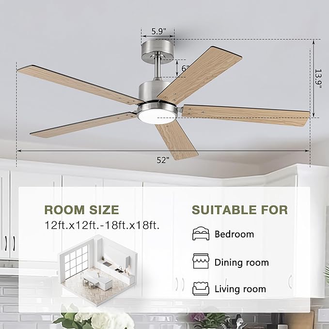 Ceiling Fans with Lights and Remote 52 Inch Modern Ceiling Fan with Quiet Reversible DC Motor Timer Black Ceiling Fan for Bedroom Living Room Dining Room Easy Installation