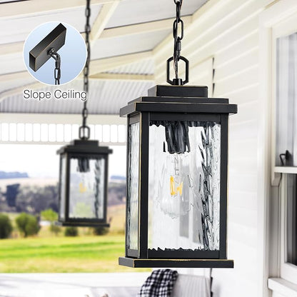 VIANIS Large Exterior Pendant Lights with Adjustable Wire, Matte Black Pendant Light with Water Glass, Pendant Light Fixtures Suiting for Sloped Ceiling, Outdoor Ceiling Lights for Porch