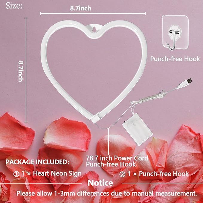 Pink Heart Neon Sign for Bedroom Decoration, Heart Led Light Sign 8.7×8.7 In Battery/USB Powered Romantic Love Hearts Neon Light for Wall Decor Art Kids Girl Room Wedding Party Valentine's Day Prsent