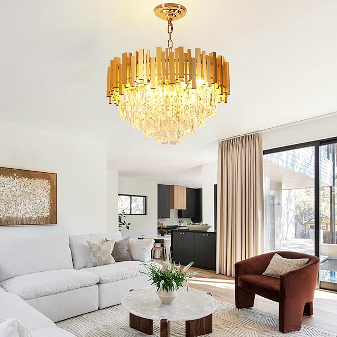 Depuley Modern Gold Crystal Chandelier: 6-Light 4-Tier Flush Mount Chandelier 12 Inch Luxury Round Hanging Pendant Light Fixture for Porch Bedroom Dining Room Foyer Included Bulbs