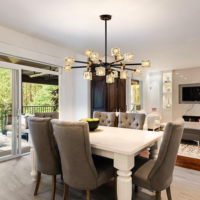 Modern Chandeliers for Dining Room, Black and Gold Crystal Ceiling Light Fixture for Living Room,16 Lights Large Sputnik Chandelier for High Ceilings Entryway,Kitchen Island,Foyer,Bedroom