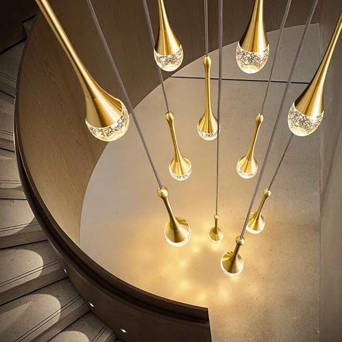 Raindrop Crystal Chandelier High Ceiling: 12 Lights Remote Dimmable LED - Large Long Modern Bubble Hanging Pendant Light Fixture Teardrop Spiral Chandeliers for Living Room Staircase Entryway Foyer