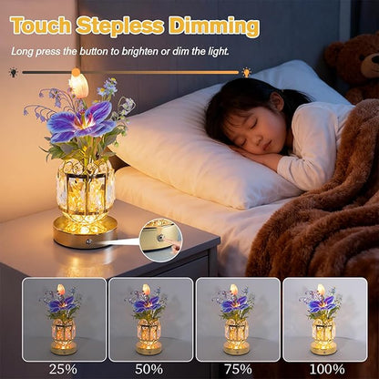 Flower Table Lamp, 3-Color Dimmable Tulip Artificial Flowers Night Light, Rechargeable Cordless Small Lamp, Ambient Light with Crystal Vase for Party Home Desk Decorations (Purple Blue - Flower)