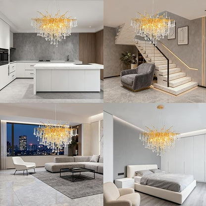 Crystal Chandeliers for Dining Room, 24inch Modern Gold Chandelier, 8-Light Round Tree Branch Chandelier, Raindrop Ceiling Pendant Hanging Light Fixtures for Living Room, Bedroom, Kitchen Island