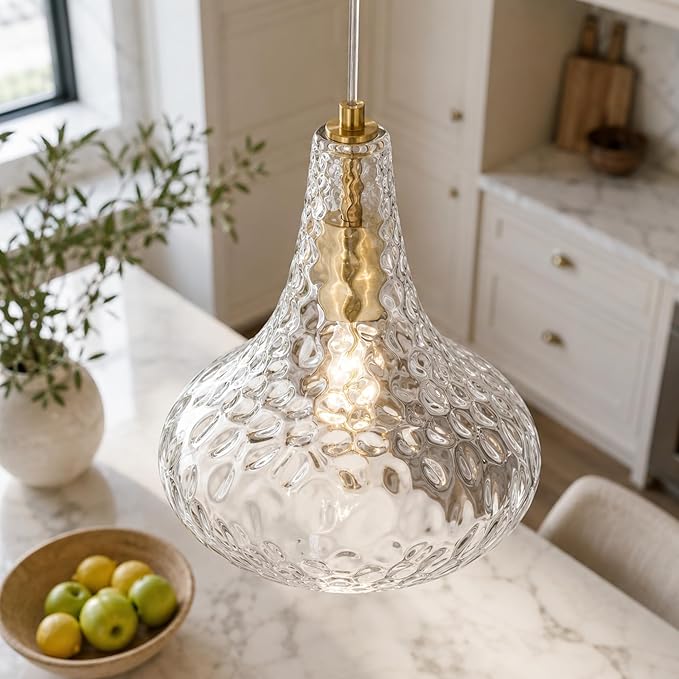 AUTELO Gold Pendant Lights, 10" Hammered Pendant Lights Kitchen Island, Farmhouse Hanging Lights in Brushed Gold Finish and Clear Hammered Glass, Hanging Light Fixture for Kitchen Island, H9164 HMBG