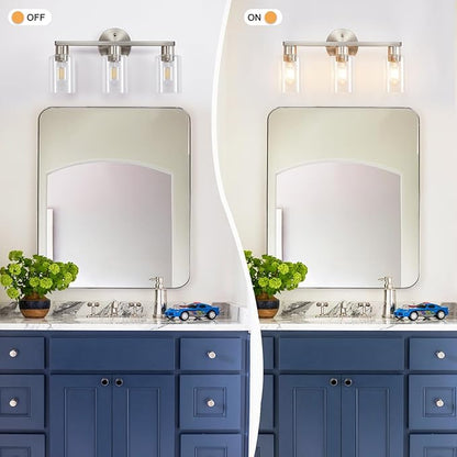 Brushed Nickel Bathroom Light Fixture 3-Light Bathroom Vanity Light Brushed Nickel 3 Light Vanity Lights for Bathrrom with Clear Glass Shades for Living Room Bedroom(E26 Socket)