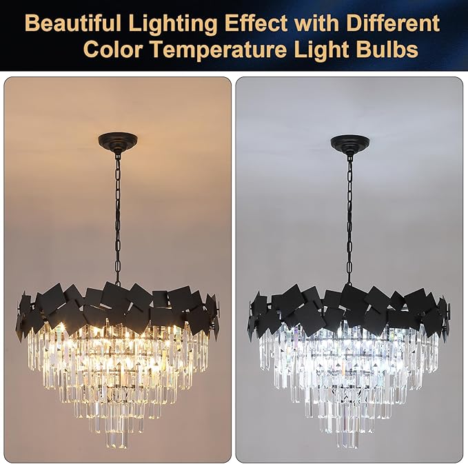 A AXILIXI Modern Large Crystal Chandeliers 30'' Black Round Chandeliers for High Ceiling K9 6-Tier Large Brass Ceiling Chandelier Light Fixtures Luxury Chandelier for Staircase Foyer Living Room