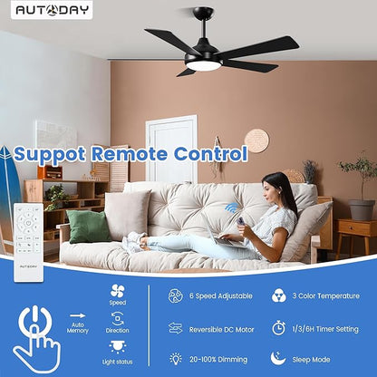 52 Inch Ceiling Fans with Lights and Remote - Black Ceiling Fan with Light, Quiet Reversible DC Motor, Dimmable Tri-Color LED, 5 Blades, Modern Indoor/Outdoor Ceiling Fans for Patios Bedroom