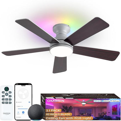 42 Inch Ceiling Fans with Lights, Smart Ceiling Fan with Alexa Google App, Silver Ceiling Fan with RGB Lights Remote, 6 Speeds Reversible DC Motor, Modern Flush Mount for Bedroom Living Room