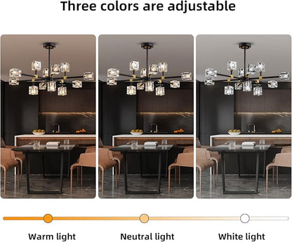 Black Crsytal Chandelier,Sputnik Chandeliers with 12-Lights,Modern Adjustable Height Semi Flush Mount Ceiling Light Fixture for Dining Room,Kitchen Island,Living Room,Bedroom