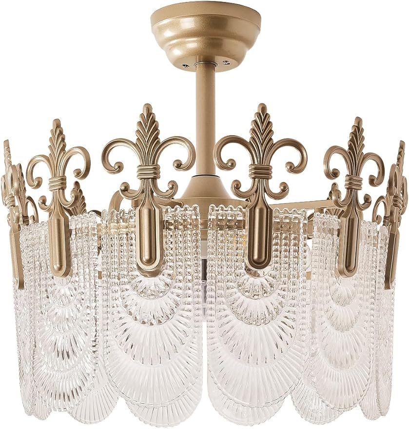Gold Crystal Fandelier Ceiling Fan with Light,20" Gold French Chandelier Ceiling Fans with Lights Remote Control, Morden Mid-Century Caged with 6 Speeds for Bedroom, Nursery, Living Room