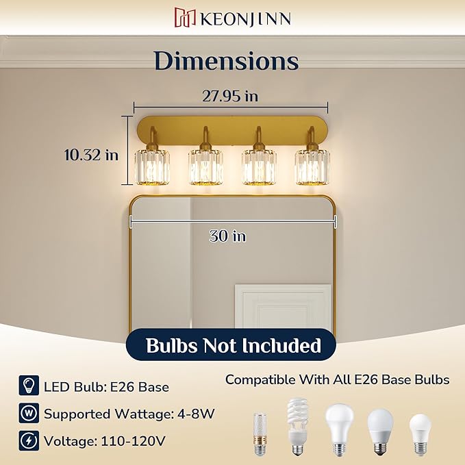 Keonjinn 4-Light Bathroom Light Fixtures, Crystal Gold Bathroom Vanity Lights Over Mirror, Vanity Lighting Fixtures with Crystal Square Shades (E26 Socket, Exclude Bulb)