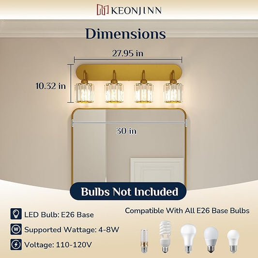 Keonjinn 4-Light Bathroom Light Fixtures, Crystal Gold Bathroom Vanity Lights Over Mirror, Vanity Lighting Fixtures with Crystal Square Shades (E26 Socket, Exclude Bulb)