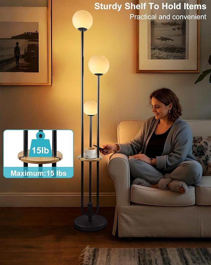 63IN Black Floor Lamp with Shelf Mid Century Modern Tall Standing Lamps with 3000K Warm White Bulb Included Dimmable Globe Floor Lamp with 5Lbs Heavy Base for Living Room/Bedroom/Home Decor