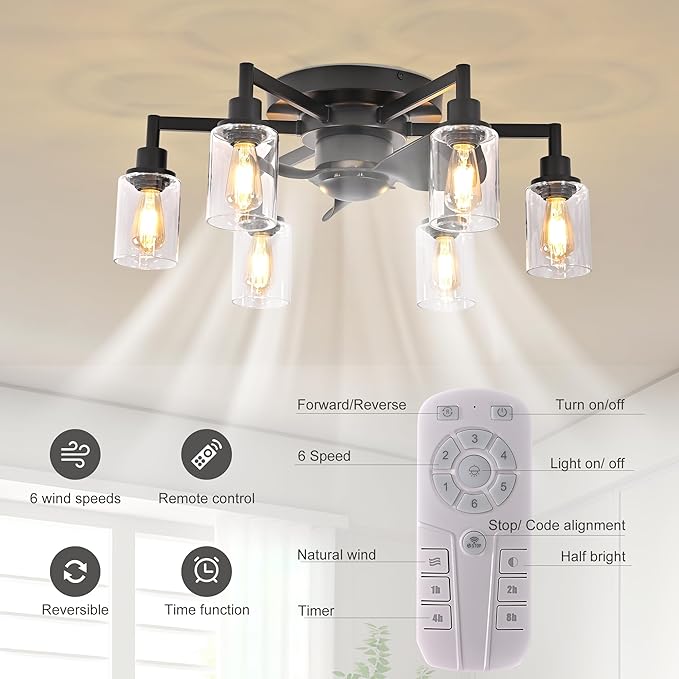 Garwarm 26.4" Ceiling Fans with Lights, Black Flush Mount Ceiling Fan with Lights Remote Control,Low Profile Bladeless Ceiling Fan Light Fixture for Bedroom, Kitchen, Dining Room