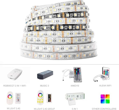 BTF-LIGHTING 5050 RGBW RGB+Warm White(2700K-3000K) 4 Colors in 1 LED Tape Light DC12V 5m 16.4ft 60LED/m Multi-Colored IP30 White 12mm PCB for Bedroom Kitchen Home Decoration(No Adapter or Controller)